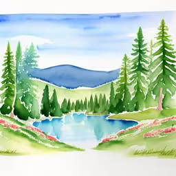 a watercolor painting of some trees and the lake,watercolor landscape painting on paper, with trees and river in the foreground,an artistic image with watercolng on paper,a painting of a pond with some trees in it,watercolor painting of trees and mountains by a lake