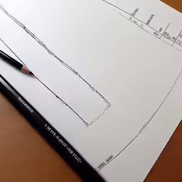a pencil resting on a paper with some measurements and sizes