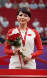 woman holding roses and looking up at an audience