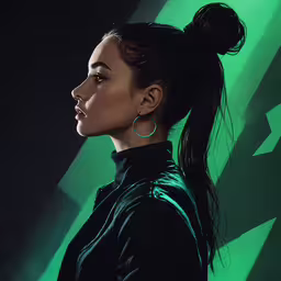 a woman in black jacket and green background,a woman wearing black with ponytail, black jacket and earrings
