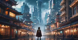 man looking out at a dark city with tall buildings