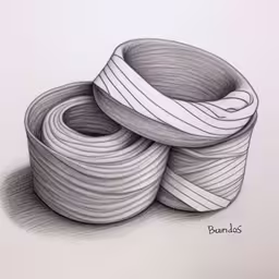 two gray bowls that are sitting on a white surface,pencil drawing of three different styles of coiled tubes