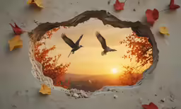 there is a hole with two birds flying