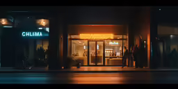 a night time view of a shop front with illuminated words on the facade