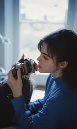 a woman is holding a camera and kissing the lips of a chocolate chip