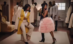 a woman talking to another woman who is standing next to other women