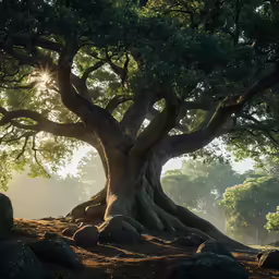 an old tree with some rocks in the foreground
