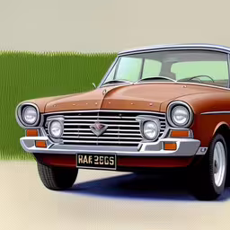 an orange car parked on a concrete road,an orange and white car is parked in front of a grassy field