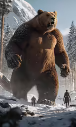 the image of a large brown bear is featured in the snow