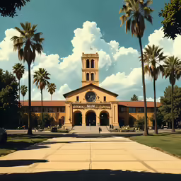 a building in the middle of palm trees and a blue sky with clouds