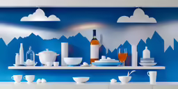 a set of white cups is sitting on the counter with a blue backdrop