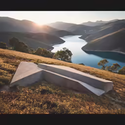 a long concrete bench sitting on top of a hill