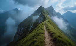 a person walking on a path near a grass covered mountain
