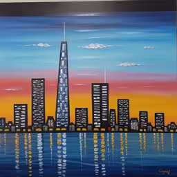 a picture of a painting of some buildings,a painting of cityscape at night from the ocean,painting of a sunset city with an image of a building,there is a picture of an urban painting of a city,a painting of the skyline of a city at night