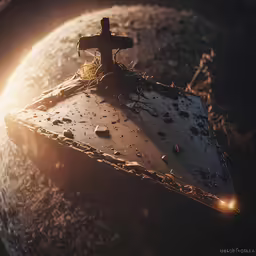 the sun is shining brightly over a closeup of a cross on a building that looks like a satellite