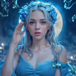 a woman in blue dress holding her hair