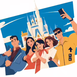 a drawing of people holding up a cell phone in front of a castle