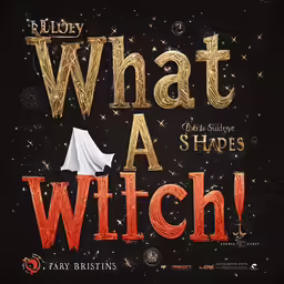a poster with gold text and red lettering, what a shaped witches phrase