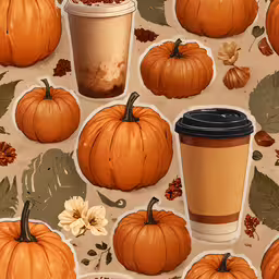 a group of pumpkins and cups on a table,a bunch of small pumpkins, coffee cups and leaves