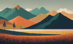 a painting of a mountainous landscape with trees in the foreground,mountains, with trees, are depicted against a blue sky