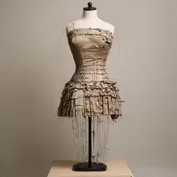 a dress made out of newspaper sitting on top of a wooden stand
