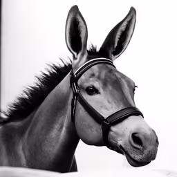 black and white photograph of a horse with bridle