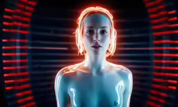a blue alien looking person with glowing arms and a white body