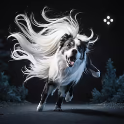 a very pretty dog with big hair walking across the street