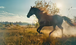 the horse runs through the wild and kicking up dust
