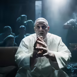 the man in white is meditating in the dark