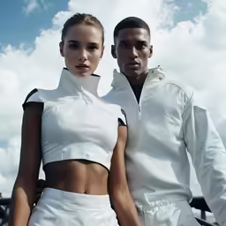 the young man and woman are standing together outside