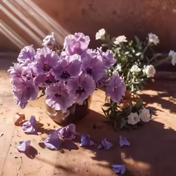 three vases sitting on a table, with many different flowers