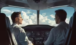 two men are sitting inside of an airplane