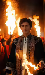 a man in a black and gold outfit surrounded by fireworks