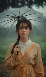 the girl in the dress has an umbrella up