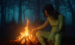 a girl sitting near a campfire in the dark