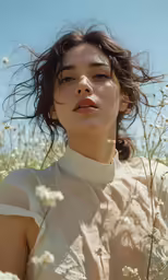 the beautiful woman is laying in a field of flowers
