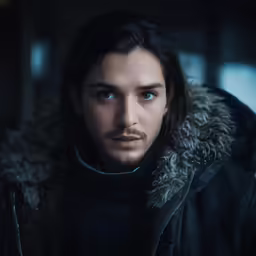 a young man with a fur collar is staring at the camera