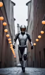 a man dressed in a white and black suit running down the road