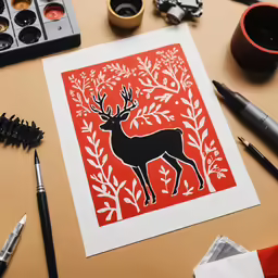 an art project featuring a red - glazed picture of a stag, surrounded by ink and color pens