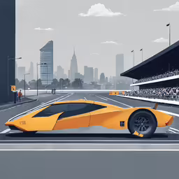a painting of a supercar driving on a race track in the city,an orange sports car driving down a race track