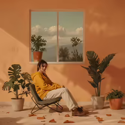 a woman is sitting in a chair near potted plants and a window
