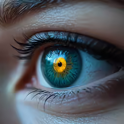 a blue eye with yellow iris and long eyelashes