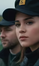 a beautiful woman with blue eyes posing with a soldier
