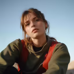 a woman sitting and wearing a brown sweater