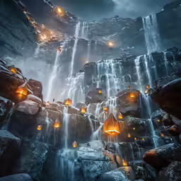 fantasy scene of large waterfall in storm with lantern lit lights on