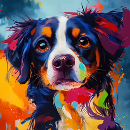 an artistic portrait of a dog painted in bright colors