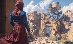 a woman standing in front of a rocky area
