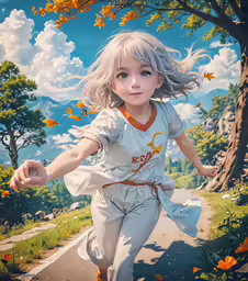 a little girl is running through a field of flowers