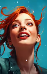 an orange haired girl in front of blue water